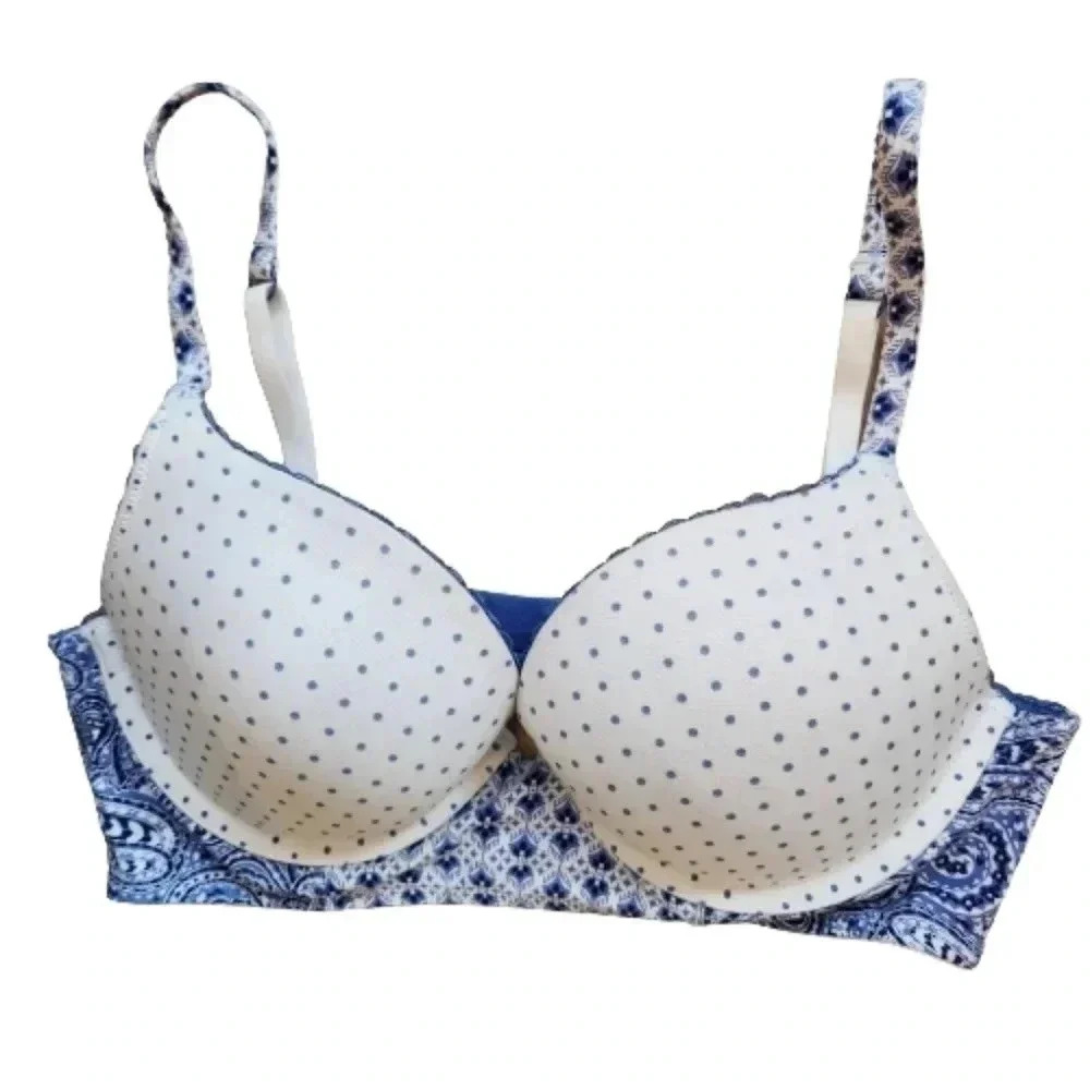 Victoria's Secret blue and white, polka dot & paisley demi bra Size 34C